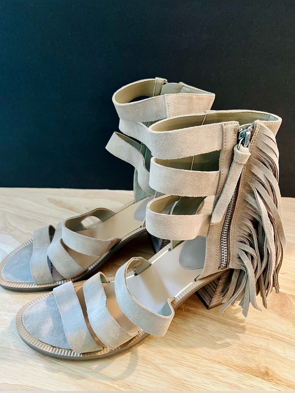 Marc Fisher Taupe Suede Strappy Fringe Block Heel Sandals